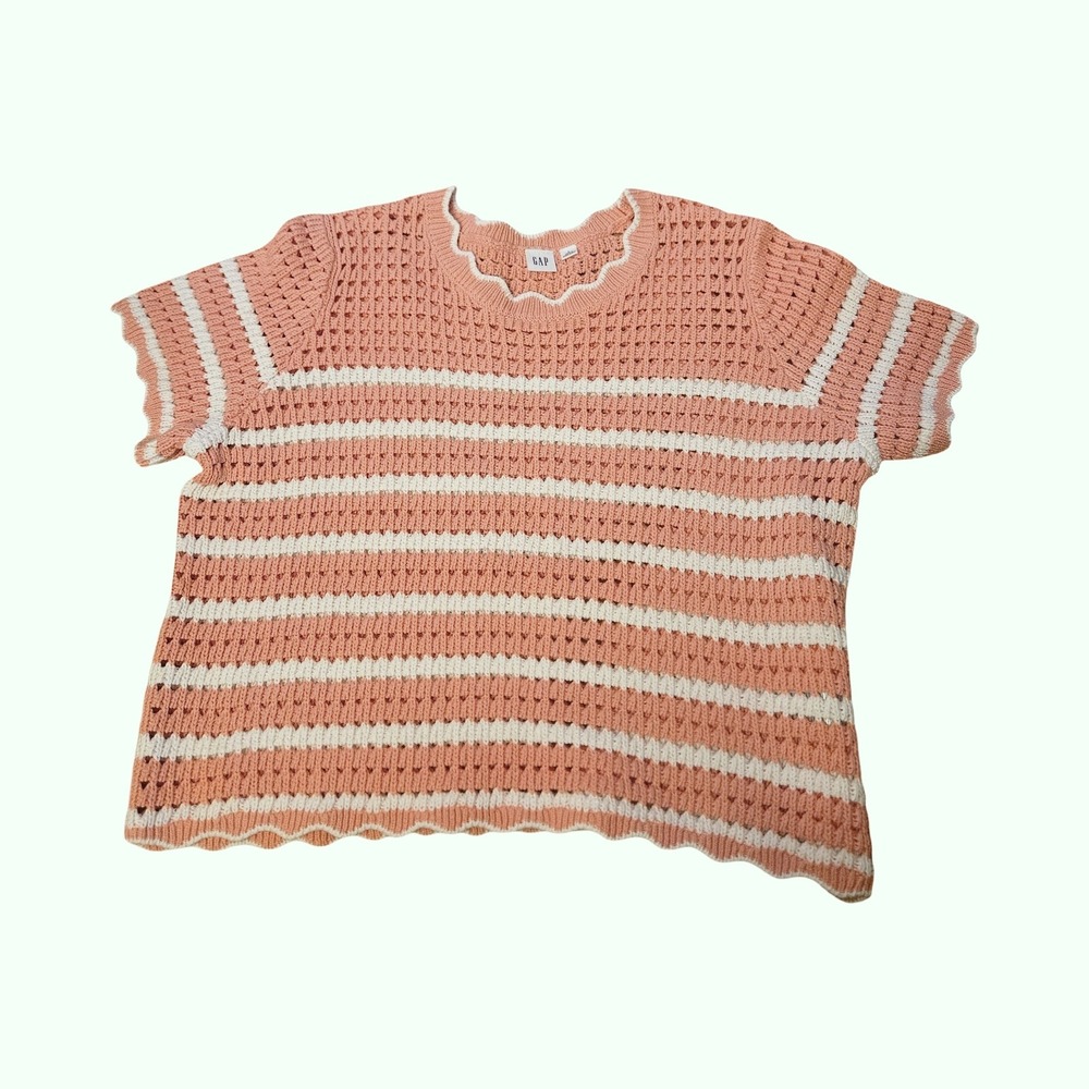 Gap Womens Peach White Striped Crochet Knit Short Sleeve Scalloped Sweater Large